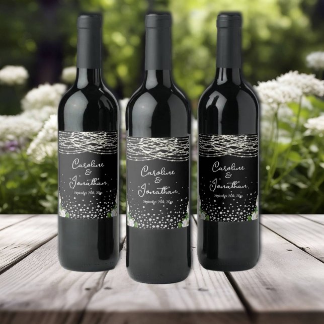 Black Rustic White Roses String Lights Wedding Wine Label (Creator Uploaded)