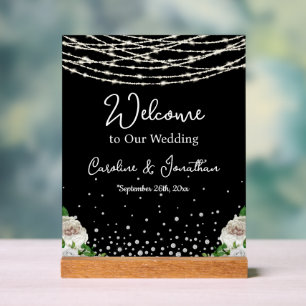 Black Rustic White Roses String Lights Welcome Acrylic Sign