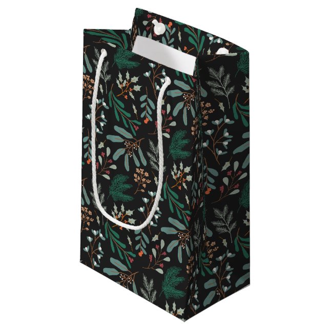 Black Rustic Winter Botanical Small Gift Bag (Front Angled)