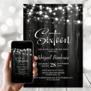 Black Rustic Wood 16th Birthday Party Invitation