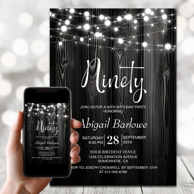 Black Rustic Wood 90th Birthday Party Invitation (Creator Uploaded)