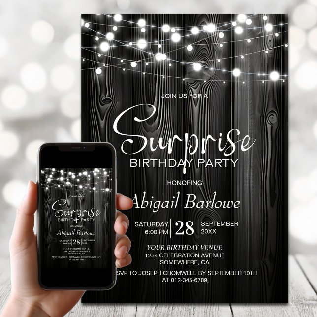 Black Rustic Wood Surprise Birthday Party Invitation (Creator Uploaded)