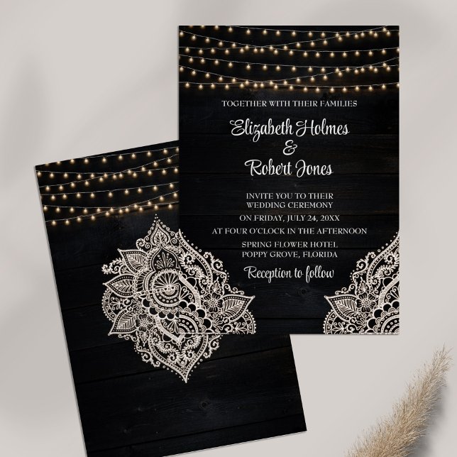Black Rustic Wooden Wedding Invitation (Black Rustic Wooden Wedding Invitation on white table.)