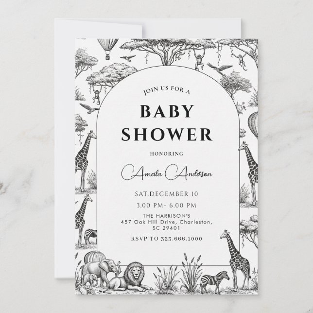 black  Safari Toile De Jouy Boy Baby Shower  Invitation (Front)