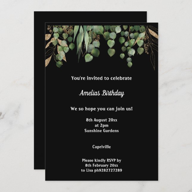BLACK SAGE EUCALYPTUS BIRTHDAY PARTY INVITATION (Front/Back)