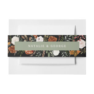 Black sage green botanical elegant modern floral invitation belly band
