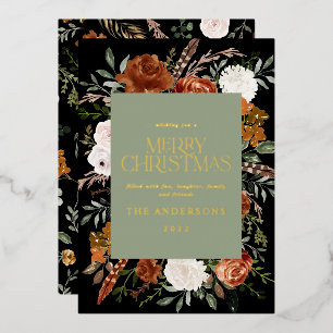 Black sage green floral botanical elegant script foil holiday card
