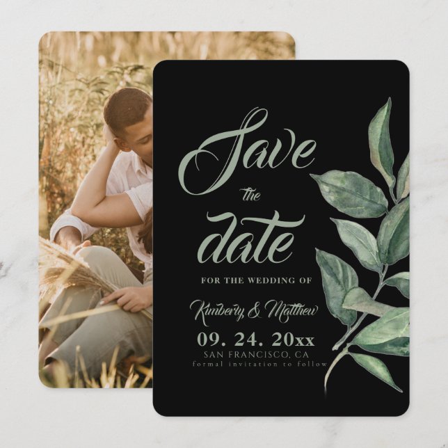 Black & Sage Greenery Modern Wedding Save The Date (Front/Back)