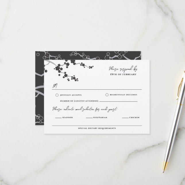 Black Sakura Cherry Blossom Elegant Asian Wedding RSVP Card (Front/Back In Situ)