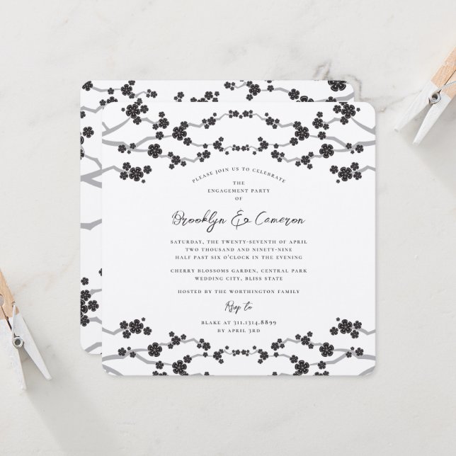 Black Sakura Cherry Blossoms Classy Asian Wedding Invitation (Front/Back In Situ)