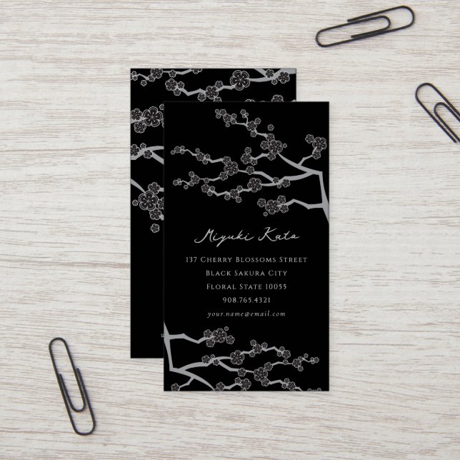Black Sakura Cherry Blossoms Flowers Oriental Zen Business Card (Front/Back In Situ)