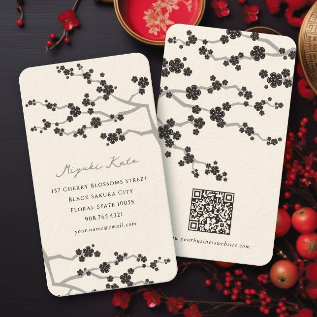Black Sakura Cherry Blossoms Flowers Oriental Zen Business Card (Stylish Black Sakura Cherry Blossoms Spring Flowers Oriental Zen Business / Profile Card @ fatfatin)