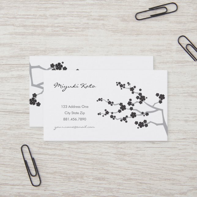 Black Sakura Cherry Blossoms Flowers Oriental Zen Business Card (Front/Back In Situ)