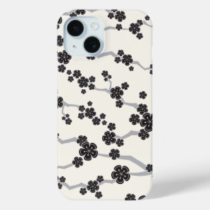 Black Sakura Cherry Blossoms Flowers Oriental Zen iPhone 15 Case