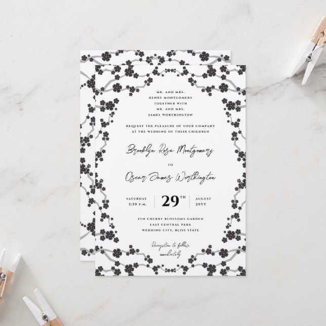 Black Sakura Cherry Blossoms Stylish Asian Wedding Invitation (Front/Back In Situ)