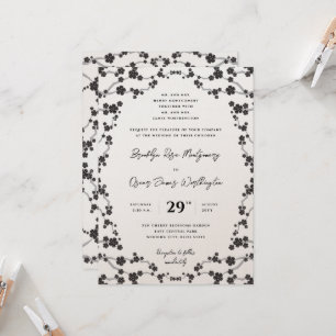 Black Sakura Cherry Blossoms Stylish Asian Wedding Invitation
