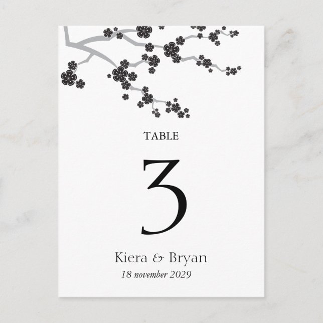 Black Sakura Cherry Blossoms Zen Table Number Card (Front)