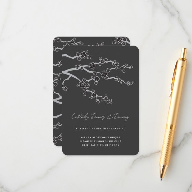 Black Sakura Cherry Blossoms Zen Wedding Reception Enclosure Card (Front/Back In Situ)