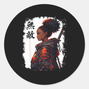 Black samurai girl anime warrior afro african classic round sticker