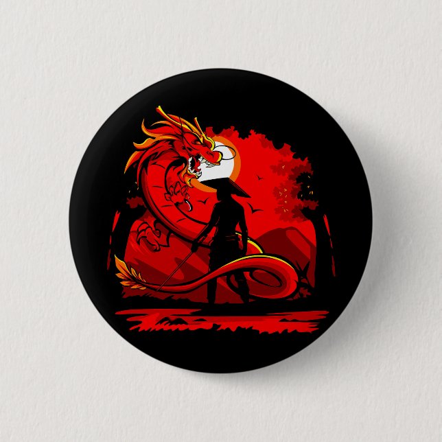 Black Samurai Red Dragon Japanese Style Artwork | 6 Cm Round Badge (Front)