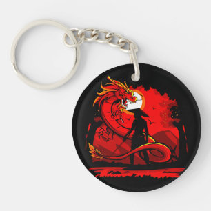 Black Samurai Red Dragon Japanese Style Artwork Key Ring