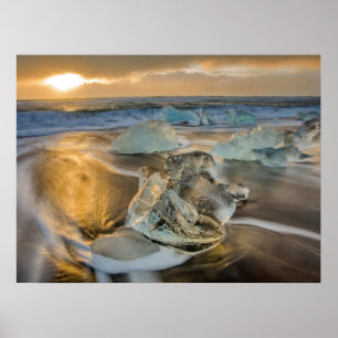Black Sand Beach   Jokulsarlon South Iceland Poster