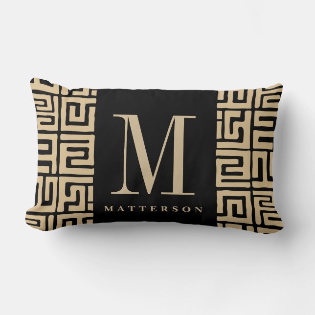 Black|Sand Kuba Print Inspired Monogram Lumbar Cushion (Front)