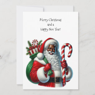 Black Santa and Bag of Gifts Flat Card Personalise