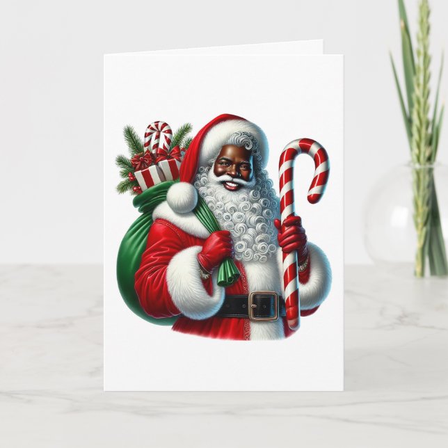 Black Santa and Bag of Gifts Personalise Christmas Card (Front)