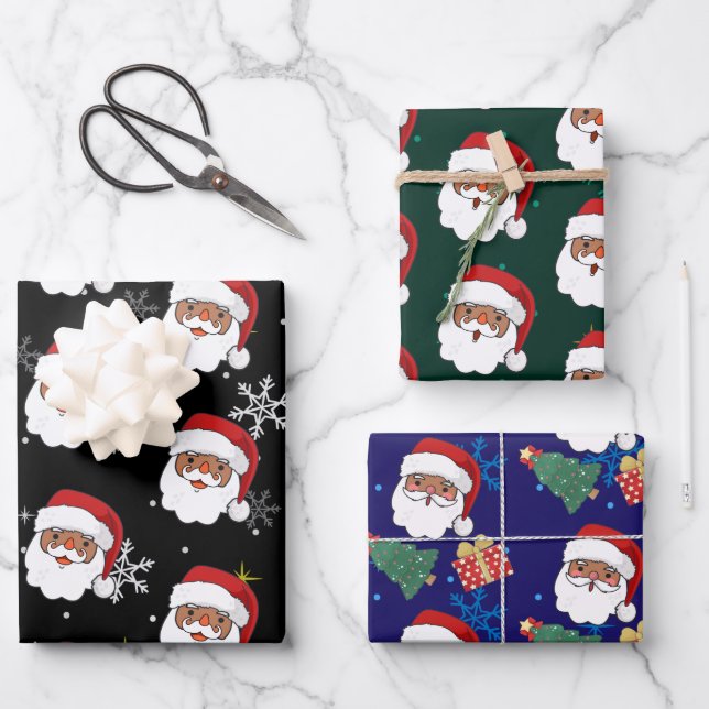 black Santa and Christmas Tree gift Wrapping Paper Sheet (Front)