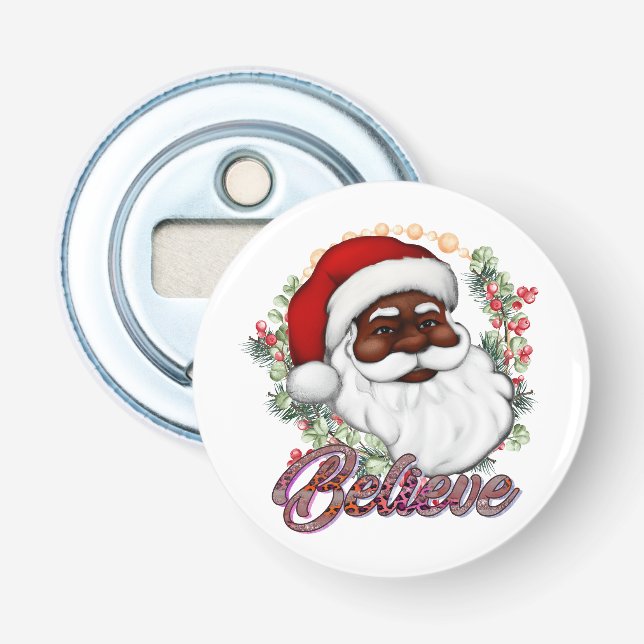 Black Santa Believe Melanin Man Christmas Cheer Bottle Opener (Front)