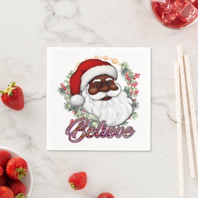 Black Santa Believe Melanin Man Christmas Cheer Napkin (Insitu)