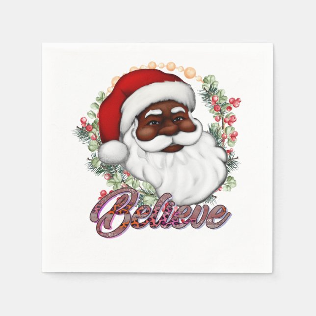 Black Santa Believe Melanin Man Christmas Cheer Napkin (Front)