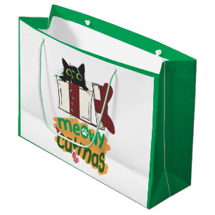 Black Santa Cat tangled in Christmas tree lights Large Gift Bag