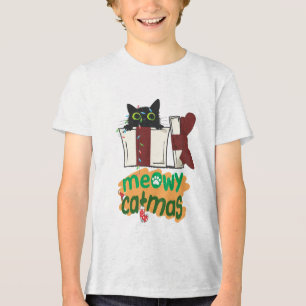 Black Santa Cat tangled in Christmas tree lights Tri-Blend Shirt