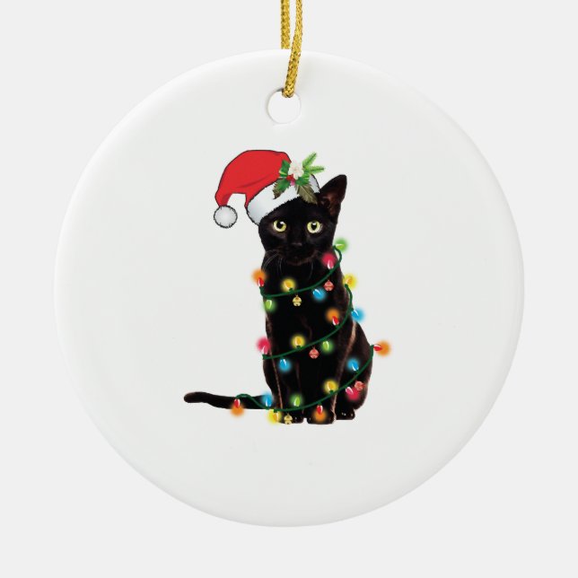 Black Santa Cat Tangled Up In Lights Christmas Ceramic Tree Decoration (Front)