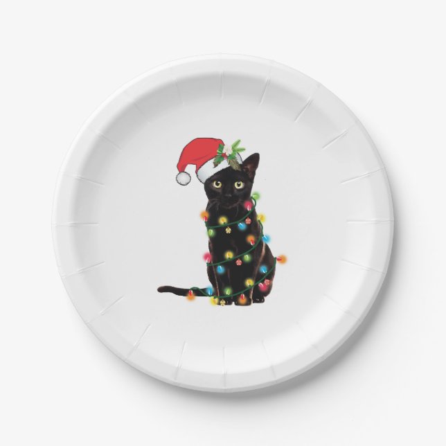 Black Santa Cat Tangled Up In Lights Christmas Paper Plate (Front)