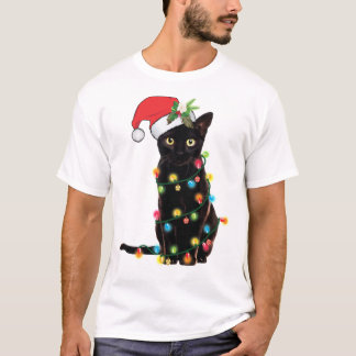 Black Santa Cat Tangled Up In Lights Christmas San T-Shirt