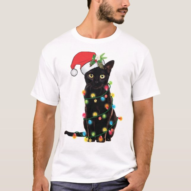 Black Santa Cat Tangled Up In Lights Christmas San T-Shirt (Front)