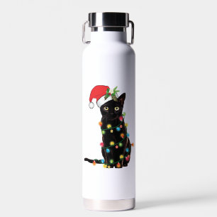 Black Santa Cat Tangled Up In Lights Christmas Water Bottle