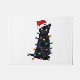 Black Santa Cat with christmas lights Doormat
