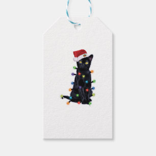 Black Santa Cat with christmas lights Gift Tags