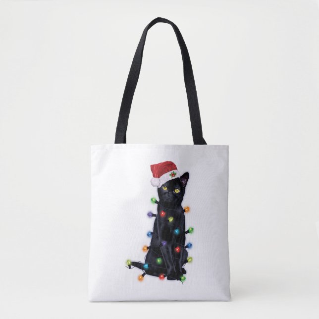 Black Santa Cat with christmas lights Tote Bag (Front)