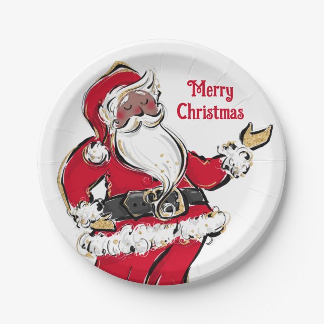 Black Santa Christmas Holiday Party Paper Plates (Front)