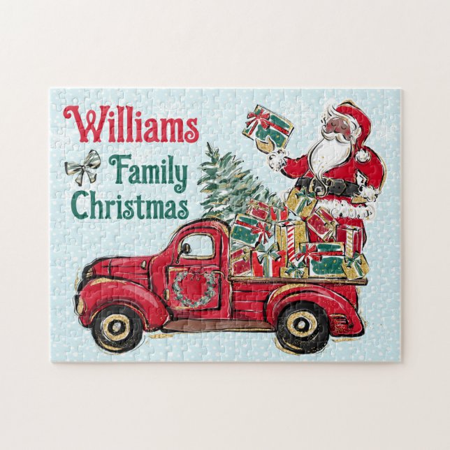 Black Santa Christmas Red Truck Family Puzzle  (Horizontal)