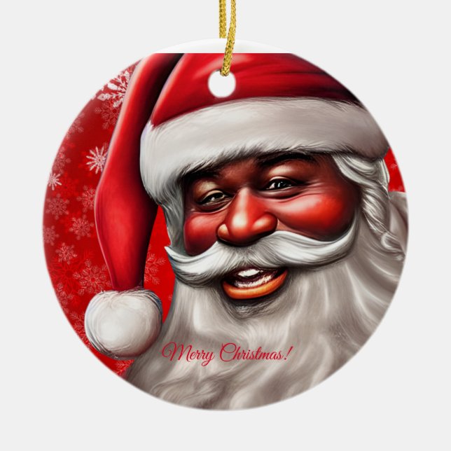 Black Santa Claus, African American,Christmas, Man Ceramic Tree Decoration (Front)