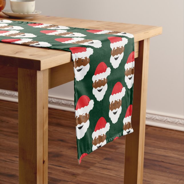Black Santa Claus Brown Skin Green Christmas Short Table Runner (In Situ)