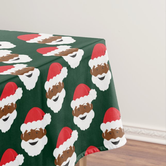 Black Santa Claus Brown Skin Green Christmas Tablecloth (In Situ)