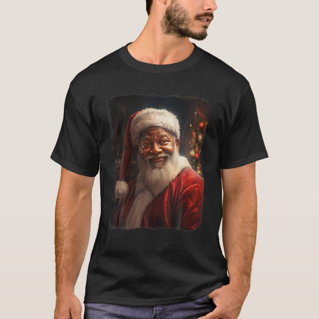 Black Santa Claus Christmas Portrait Gifts Black H T-Shirt (Front)