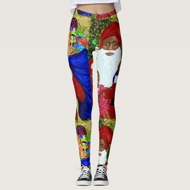 Black Santa Claus Designer Leggings - Xmas Wear (Front)